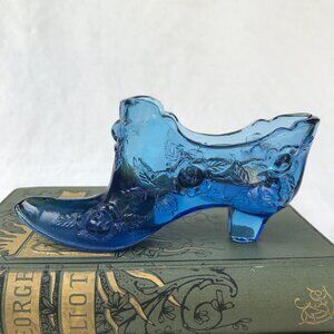 Fenton Blue Cabbage Rose Glass Slipper